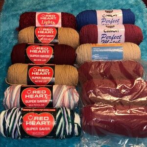 Red Heart & Caron Yarn Bundle - Multicolor, Burgundy, Tan, Blue